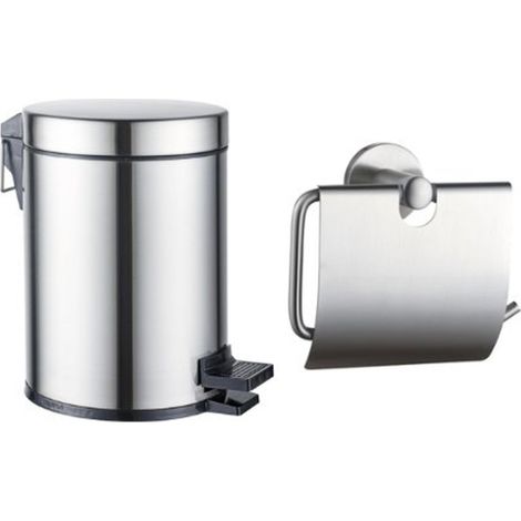 Fortifura Calvi ensemble d'accessoires pour toilettes - porte-rouleau - avec couvercle - poubelle à pédale - 5 litres - acier inoxydable brossé (1/3)