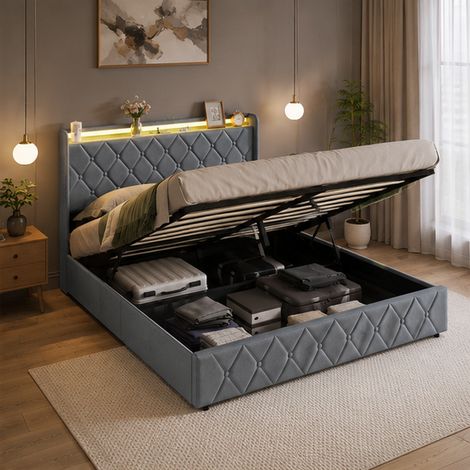 Lit coffre 160x200 avec LED et 1 USB/1 Type C, Lit rembourré 2 Personnes, lit double, cadre de lit avec tête de lit rangement, Gris, Velours, Matelas non compris, MDF (1/5)