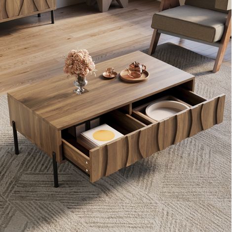 Tavolino da salotto 105x55x41 cm naturale in MDF e pannelli di particelle con 2 cassetti (1/5)