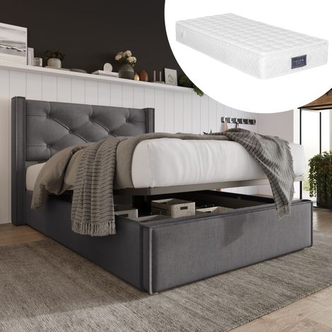 Cama 90x200 cm de algodón y metal gris, con almacenaje, con colchón, ahorra espacio – MEUBLIV (1/5)