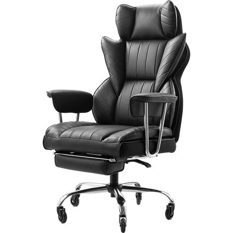 Fauteuil de bureau ergonomique, dossier haut, repose-pieds intégré, accoudoirs amovibles, assise en mousse haute résilience, revêtement cuir PU, roulettes pivotantes, noir. (1/5)