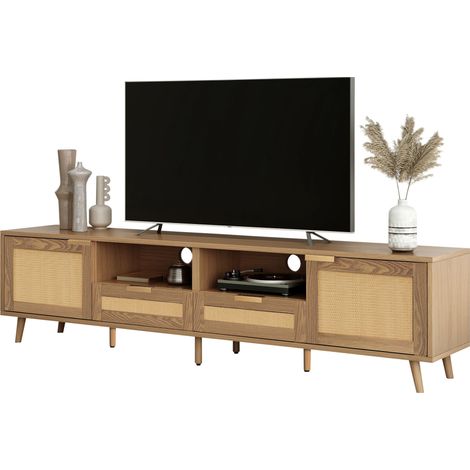 Meuble TV rotin synthétique 200x37x49 cm, meuble basse télé en rotin avec pieds bois massif, panneau TV élégant, meuble de salon moderne (1/5)