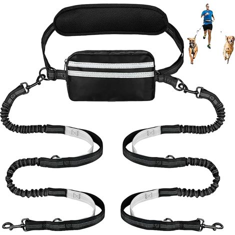Laisse pour chien, design mains libres, système de double laisse, GRIS (1/2)