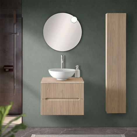 Mobile bagno sospeso cannettato 60 cm rovere chiaro con top e specchio  Bali (1/5)