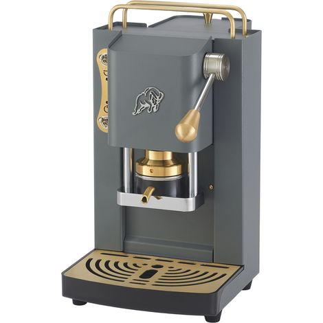 FABER COFFEE MACHINES 3.0 Pro Essential  Cafetera ESE 44 mm compacta con bidón de cristal, soporte para cápsulas extraíble y prensa ajustable de latón (Gray Daytona, latón)