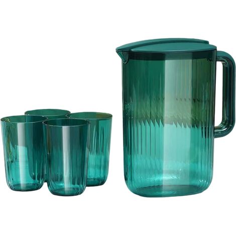 Juego de 5 piezas para bebidas verdes: vasos de plástico verde para té (1 botella de agua + 4 vasos) empaquetado en una caja de cartón. (1/5)