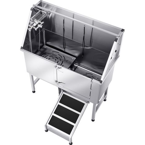 Mophorn Hundewaschstation aus Edelstahl, 1270x580x1495 mm Tierpflegewanne mit Rampe, Wasserfilterplatte, Wasserhahn, Duschkopf & Seifenhalter, geeignet für Haustiere verschiedener Größen (rechte Tür)