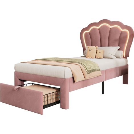 Kinderbett Polsterbett mit LED-Beleuchtung, Einzelbett 90 x 200 cm mit Schubladen, App-gesteuerte LED, verstellbares Kopfteil, Lattenrost, Samt Rosa