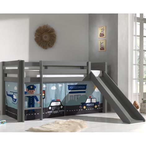 Letto Mi-Altezza 90x200 Scivolo Rete Inclusa Housse Polizia Vipack Pino Grigio