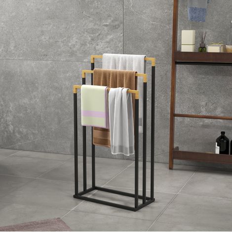 Porte-serviettes sur pied 3 niveaux en bambou et acier noir, étendoir de salle de bain pratique, stable, sans perçage et facile à déplacer  CHICFURN (1/5)