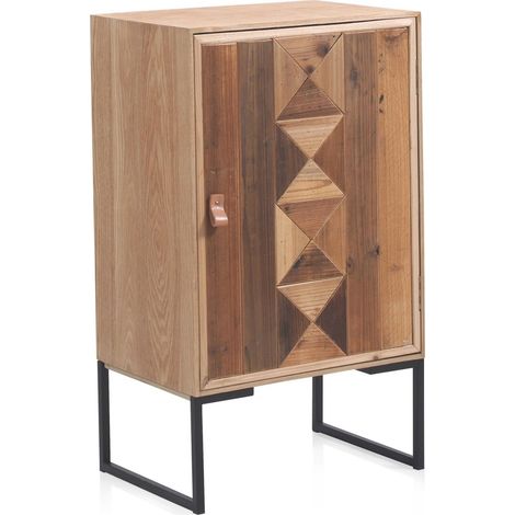 Chevet bois recyclé porte unique design métal et cuir - Bois naturel multicolore et noir (1/5)