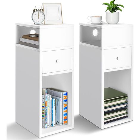 VOUNOT® Nachttisch Schmal 2er Set, Beistelltisch mit 2 offenem Fach & 1 Schublade, 25x30x66cm Weiß (1/5)
