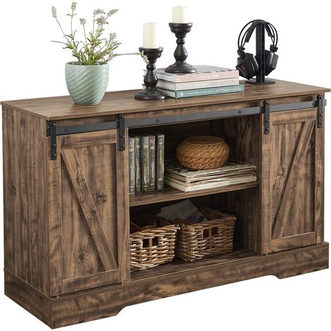 Sobuy – Commode de rangement FSB60N – Armoire à chaussures avec porte de grange coulissante – Dimensions L120 x P40 x H70 cm – Style rustique moderne