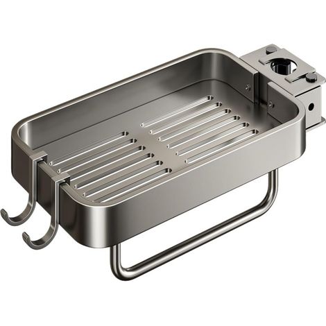 1 support d'éponge pour robinet, organiseur de robinet amovible en aluminium avec crochet pour savon, éponges, shampoing (gris, 21 x 10 x 2,5 cm) (1/3)