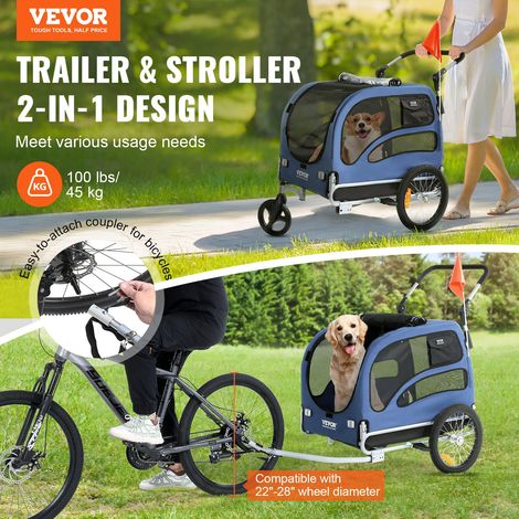 Remorque de Vélo Chien Pliable Charge 45 kg Poussette d'Animaux de Compagnie 2en1 Cadre Facile à Plier avec Roues à Dégagement Rapide, Coupleur de Vélo Universel, Réflecteurs, Drapeau, Bleu/Noir (1/5)