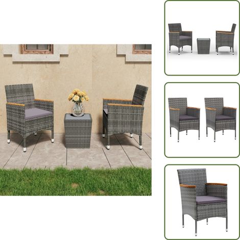 The Living Store Set Bistrot Giardino 3 pz Polyrattan e Vetro Temperato Grigio - Tavolo da giardino