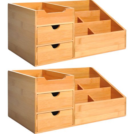 Lot de 2 boîtes de Rangement de Bureau HOMCOM Organiseur de Bureau - 7 Compartiments, 2 tiroirs - Bambou Verni (1/5)