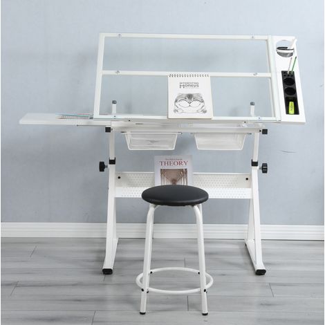Table de dessin inclinable 31,5-49,5" avec plateau en verre, rangement et rebord extensible, blanc acier (1/5)