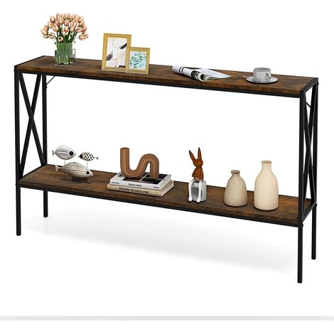 COSTWAY Tavolo Consolle in Legno e Metallo, Tavolo da Divano a 2 Livelli con Design a X, Tavolo da Ingresso Stretto e Moderno per Corridoio e Salotto, 120 x 23 x 74 cm (Marrone) (1/5)