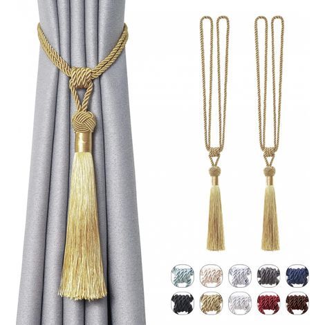 Lot de 2 attaches de rideaux à longs pompons, faites à la main, style européen tressé, pour décoration de fenêtre (doré) (1/5)