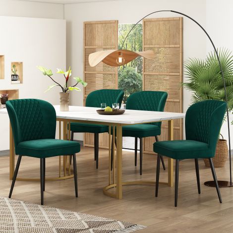 Ensemble de salle à manger (table 140×80×75 cm avec 4 chaises), ensemble de cuisine moderne, chaises de salle à manger en velours vert foncé, chaise design rembourrée avec dossier, plateau en MDF blan (1/5)