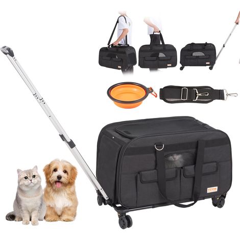 Sac à Roulettes pour Chat Chien 15,8 kg Sac de Transport Chats Poignée Télescopique Bandoulière Gamelle Pliable Transporteur Roulant Fermeture Éclair Autobloquante pour Animaux de Compagnie Noir (1/5)