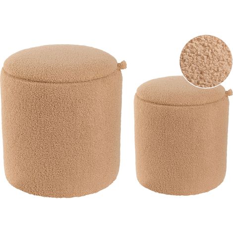 Conjunto de 2 pufs con almacenaje de bouclé otomanas tapizadas redondas marrón claro Berea