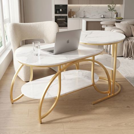 Tavolino da salotto a incastro 100 x 46 x 51 cm, design effetto marmo bianco e gambe dorate, tavolino d'appoggio moderno per soggiorno