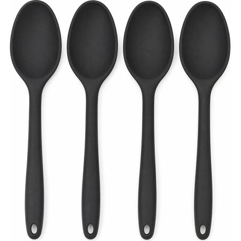Set of 4 Silicone Spoons, Non-Stick, Serving Spoons for Mixing, Cooking and Serving, Heat-Resistant Silicone Kitchen Utensils for All Types of Food, Black (1/5)