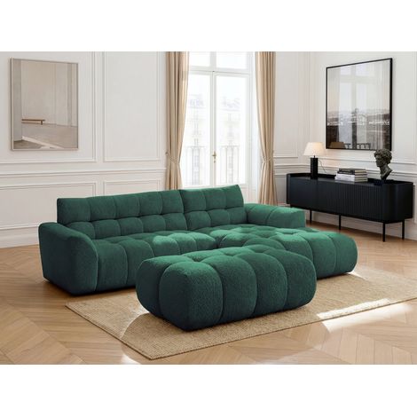 BOBOCHIC - Canapé d'angle fixe JAYA tissu chenille avec pouf Angle droit Vert foncé (1/5)