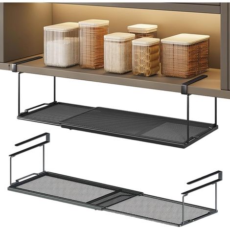 1 Panier métal, étagère extensible 38-70 cm, acier noir, organisateur cuisine, bureau