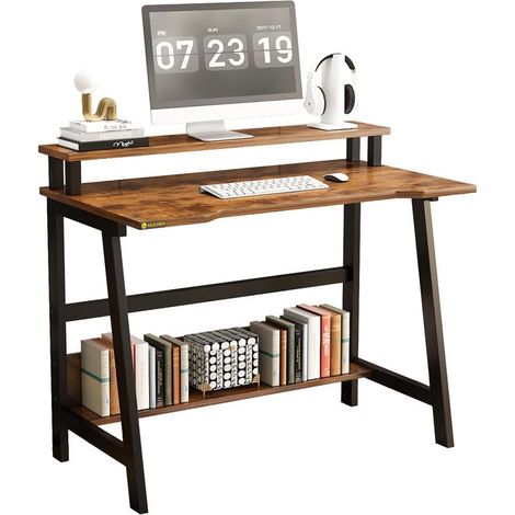 Bureau ordinateur compact avec support écran avec 2 niveaux avec étagère Table stable, rangement pratique, Marron (1/5)