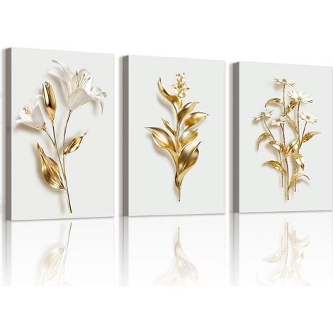 3 Pièces Abstrait Fleurs en Or Blanc Tableau Decoration Murale, Fleurs Blanche et Feuilles Dorée Impression sur Toile pour Decoration Murale Moderne Salon Chambre Deco Maison 30x40cmx3 (1/5)