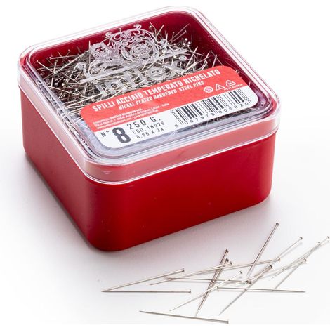 Épingles en Acier trempé nickelé N°8 – 0,60 x 34 mm – Boîte en Plastique de 250 g – Fabriqué en Italie