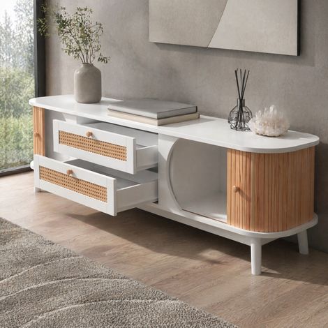 MEUBLIV mueble TV 170x39,5x46 cm blanco - puertas, cajones y almacenaje natural (1/5)