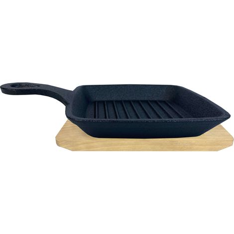 Gusseisenkuss® Gusseisenpfanne mit Griff und Holzuntersetzer 14x14 cm Gusspfanne