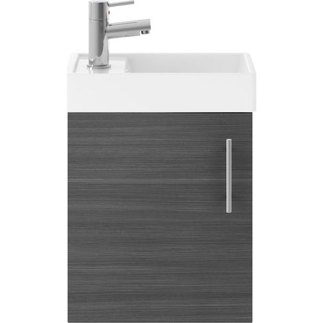 Cloakroom Wall Hung 1 Door Vanity Unit with Basin, 400mm - Woodgrain Anthracite (1/3)