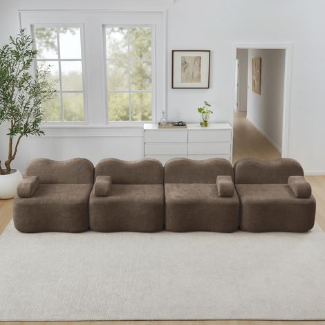 Ecksofa Samt Braun modular, rahmenlos mit tiefer Sitzfläche und verbindbarem Hocker (1/5)