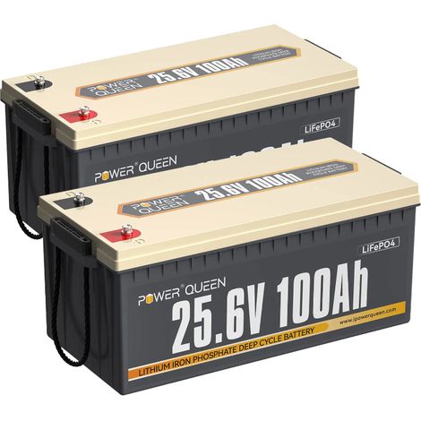 Batterie Lithium 24V100Ah 2560Wh Rechargeable LiFePO4 Power Queen, BMS 100A, 4000-15000 Cycles, pour solaire, Hors réseau, stockage de l'énergie domestique, Camping Car, Caravane, Bateau-2 Pièce