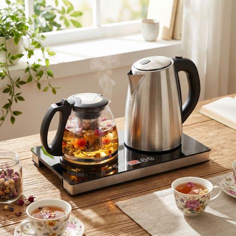 【Maison connectée】Bouilloire en verre 1,8 l + 1 l, 1500 W, avec infuseur et socle en acier inoxydable, protection contre la marche à sec, fonction d'arrêt automatique, argenté (1/5)