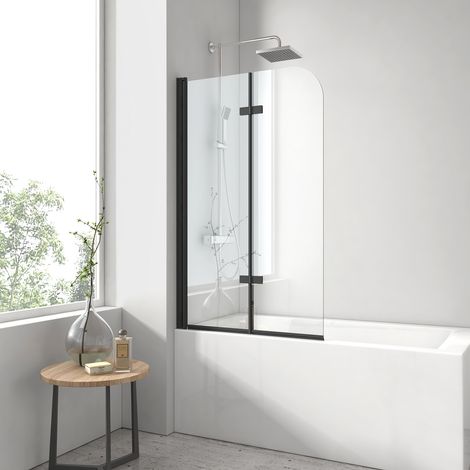 EMKE Badewannenfaltwand 140x110 cm Schwarz, 2-teilig faltbar, abgerundet, Badewannenaufsatz 6mm ESG Glas & Nano