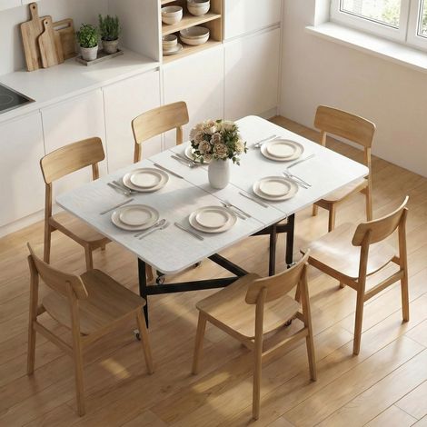 Tavolo Pieghevole per 4-6 Persone con 2 Ribalte e Ruote con Freno, 120x80x73 cm, Bianco Legno