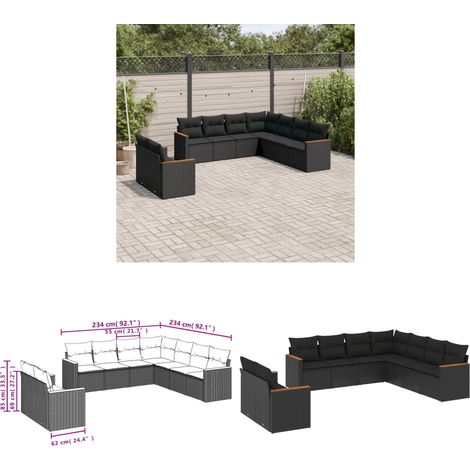 Salon de jardin 9 pcs avec coussins noir résine tressée - Salon De Jardin - Canapé Extérieur - Meuble De Jardin - Set Salon De Jardin - Résine Tressée - Home & Living