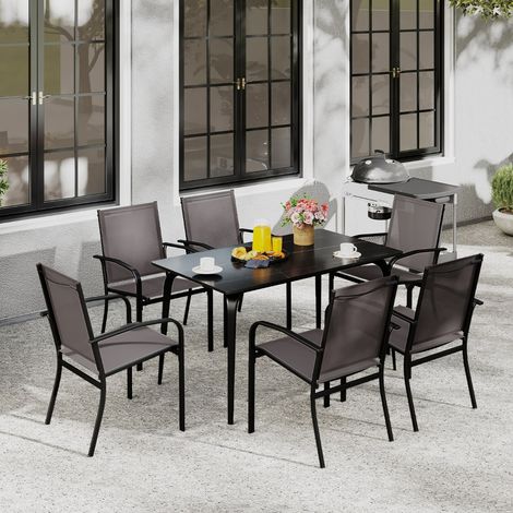 Lot de 4 Chaises de Salle à Manger D'extérieur Chaises Empilables avec Tissu Respirant Accoudoirs Dossier Haut & Cadre en Métal Gris (1/3)