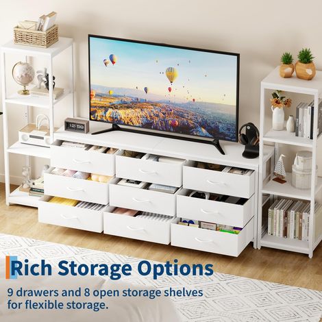 IDEALHOUSE Meuble TV industriel moderne pour TV jusqu’à 75 pouces - 9 tiroirs en tissu, 4 étagères de rangement, grand console multimédia pour salon - Blanc (1/5)