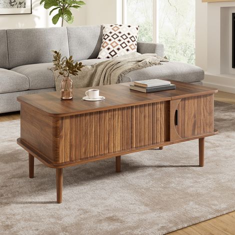 Couchtisch Modern Retro, höhenverstellbare Tischplatte, verschiebbare Tür, Walnuss-Optik, vertikale Rillen, Holzbeine, multifunktionaler Wohnzimmertisch (1/5)