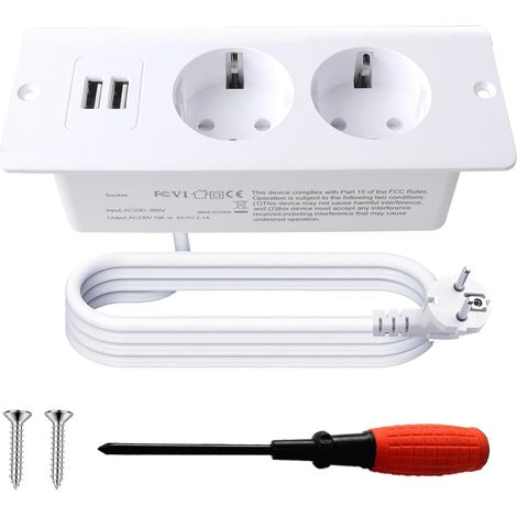 Prise Encastrable Plan de Travail avec 2 USB Câble de 1,5m-Blanc Multiprise Encastrable plan de Travail avec Tournevis pour Cuisines Bureaux Salle de Réunio (1/5)