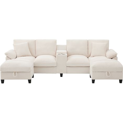 Divano a U 4 posti beige in velluto a coste con contenitore, porta bicchieri e USB (1/5)