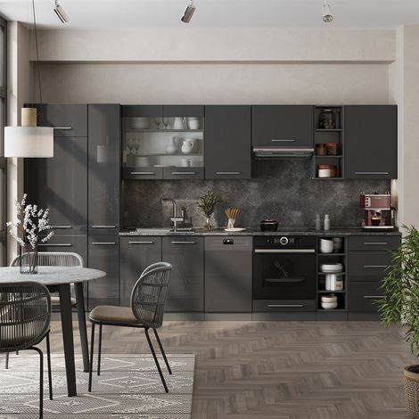 Mueble de cocina Fame-Line, Antracita alto brillo, 355 cm , ET Roble, Vicco