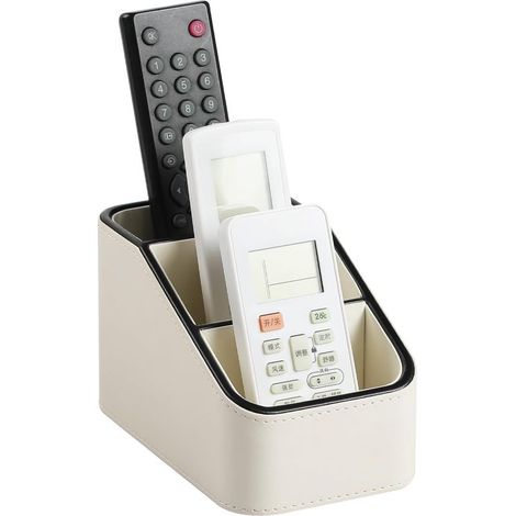 Boîte de rangement pour télécommande en cuir PU, petit organiseur de bureau, rangement pour fournitures de bureau, table de chevet et canapé, pot à crayons avec 3 compartiments (Beige)